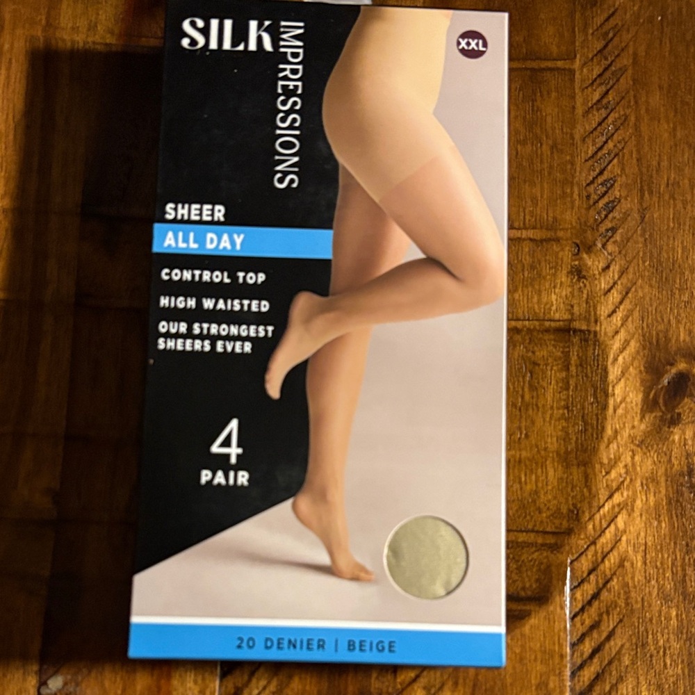 New silk Impressions Beige Sheer Control Top Pantyhose 4 Pair XXL womens